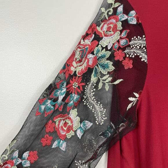 Ali Miles Tunic Top Size Large Red Embroidered Sheer Sleeve Boho Party Career - Picture 5 of 8